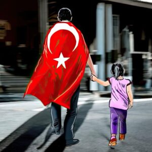 Bayrak Taşıyan Baba Kız Maketi Pano Dekor - Süs
