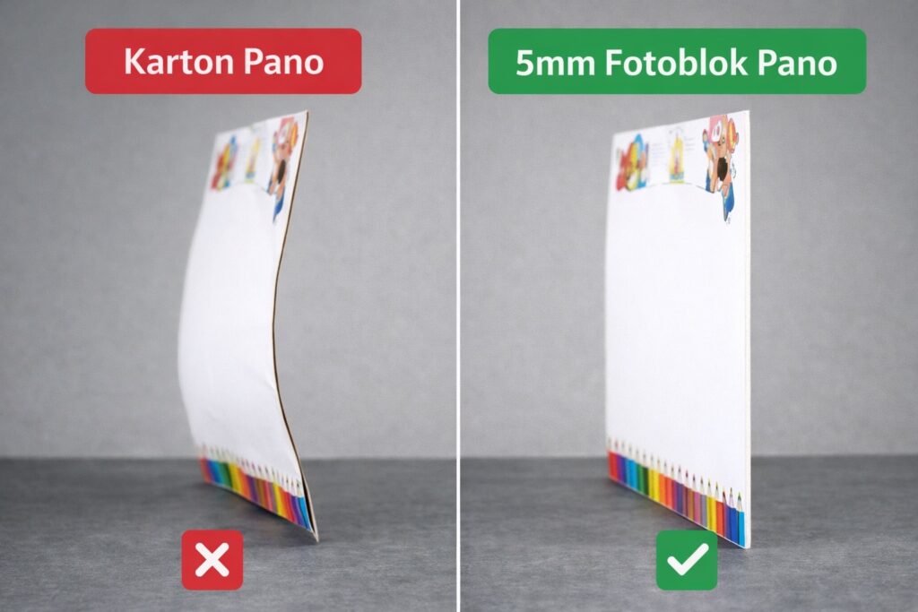 Sol tarafta eğilmiş karton pano, sağ tarafta düz duran fotoblok pano